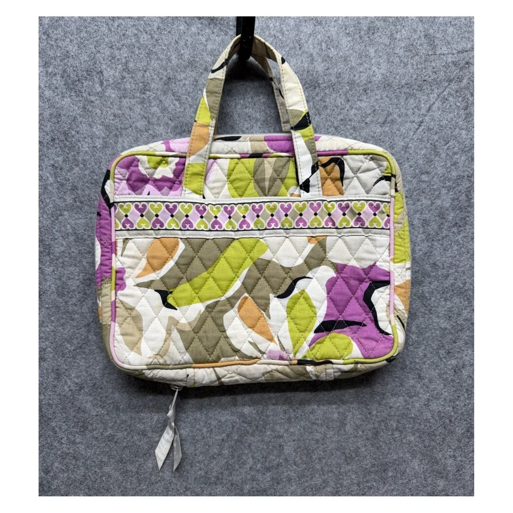 Vera Bradley Quilted Floral Tech Organizer Cosmetic Bag Purple Green Tan Heart